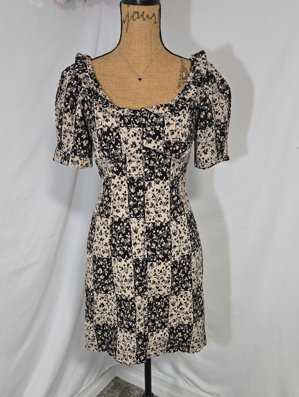 Anthropologie Black and Cream Patchwork Floral Mini Dress